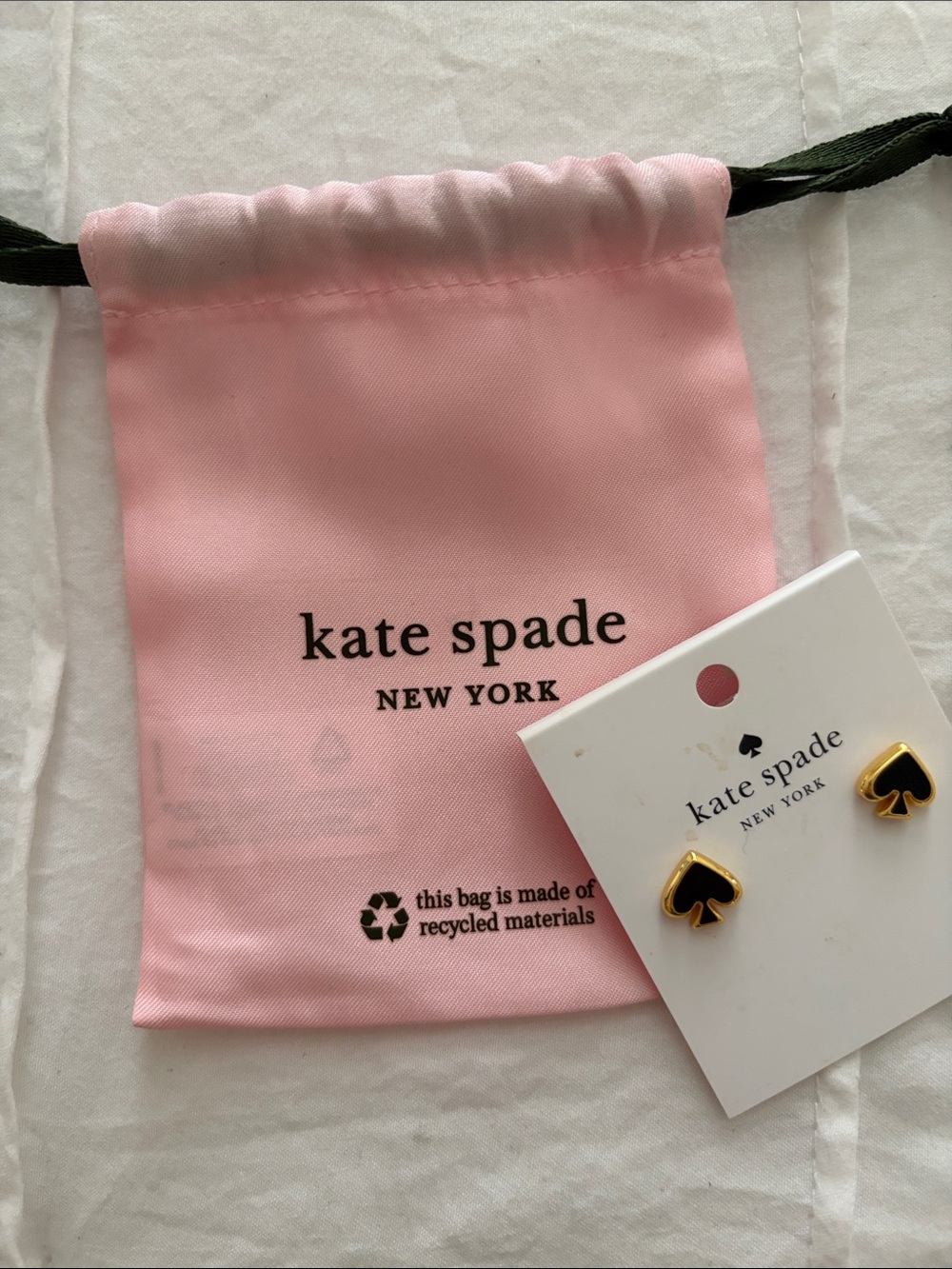 kate spade Black and Gold Spade Stud Earrings with Pink Pouch